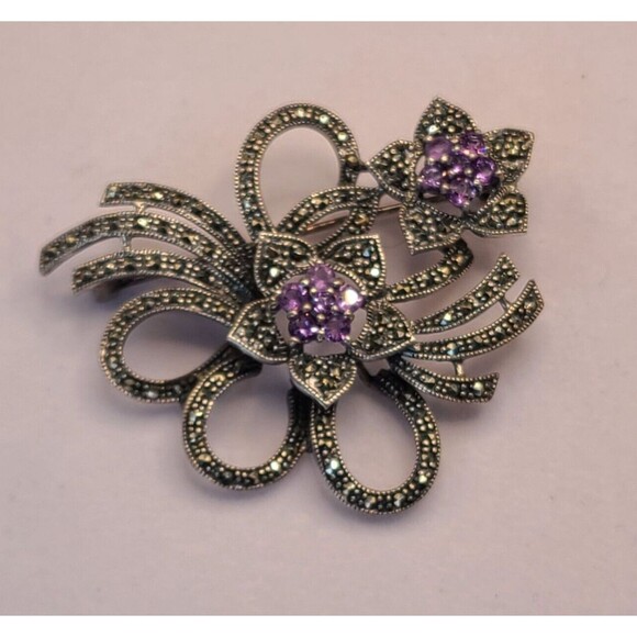 Sterling Silver Marcasite & Amethyst Flower Brooch/Pin 2.25" Wide 925 Vintage - Picture 5 of 5